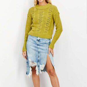 Free People Chartreuse Green / Olive Knit Crew Neck Sweater- Size Small